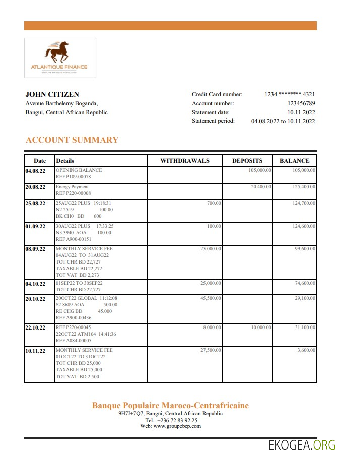Relevé bancaire de la République Centrafricaine Banque Populaire Maroc Centrafricaine